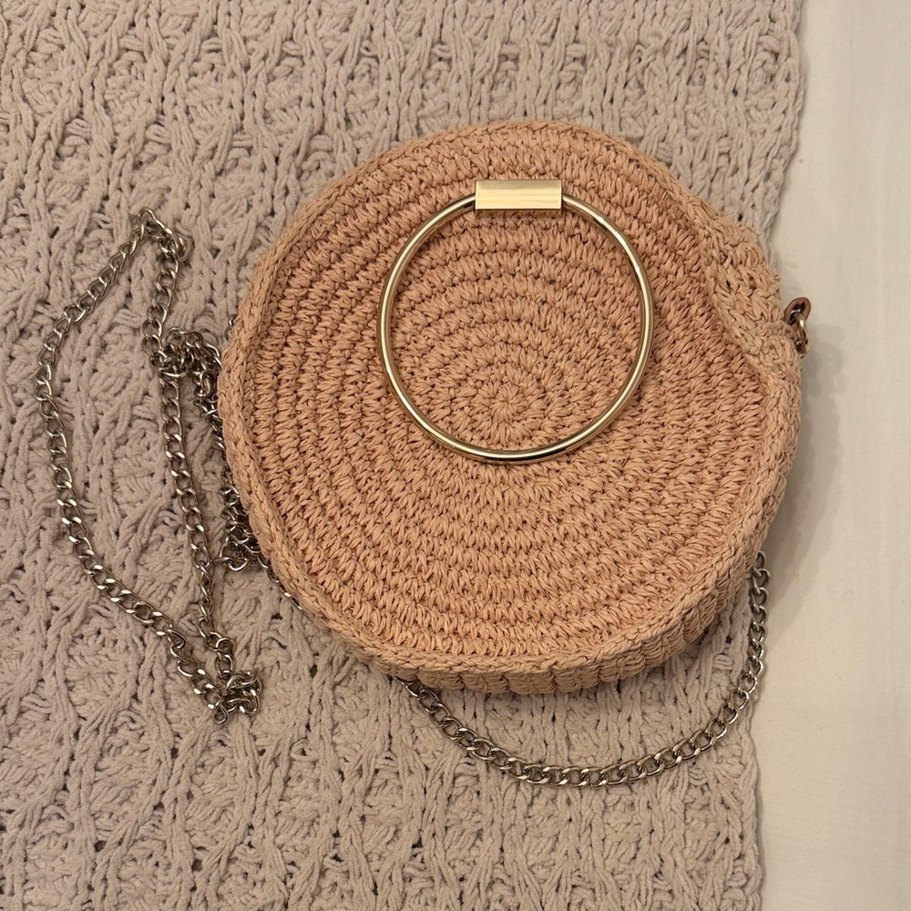 Woven Round Crossbody Bag in Natural Straw with Gold Ring